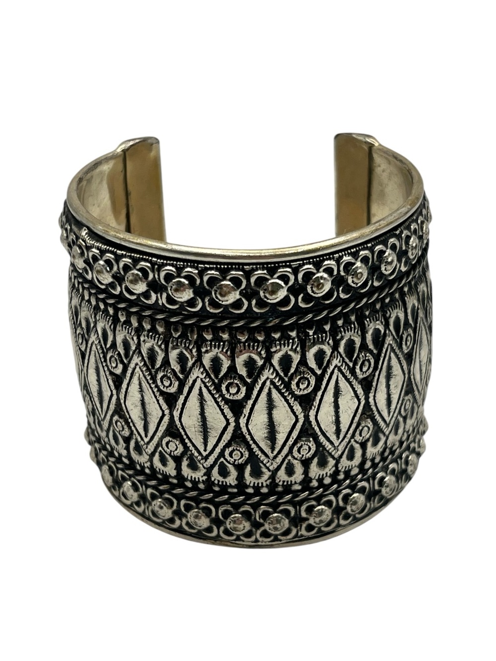 Tribal design embossed silver tone wide cuff bracelet vintage flowers